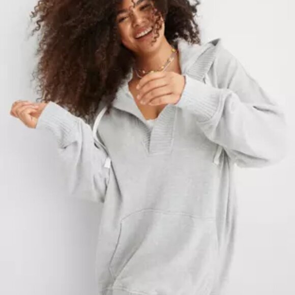 aerie Tops - Aerie Down-To-Earth Henley Hoodie Heather Grey S